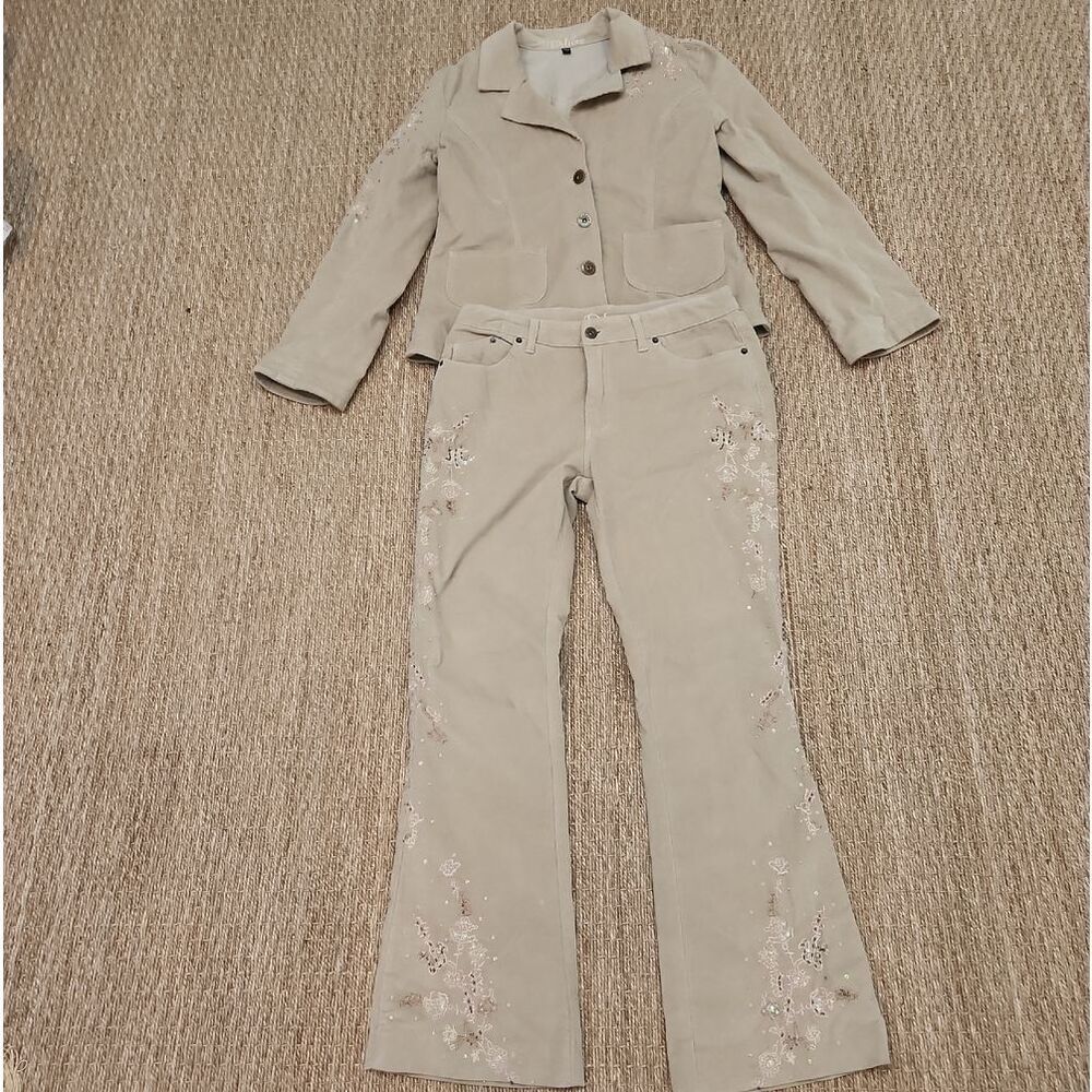 Deluxe Beige Embroidered Corduroy Blazer & Flared Pants Set Size L